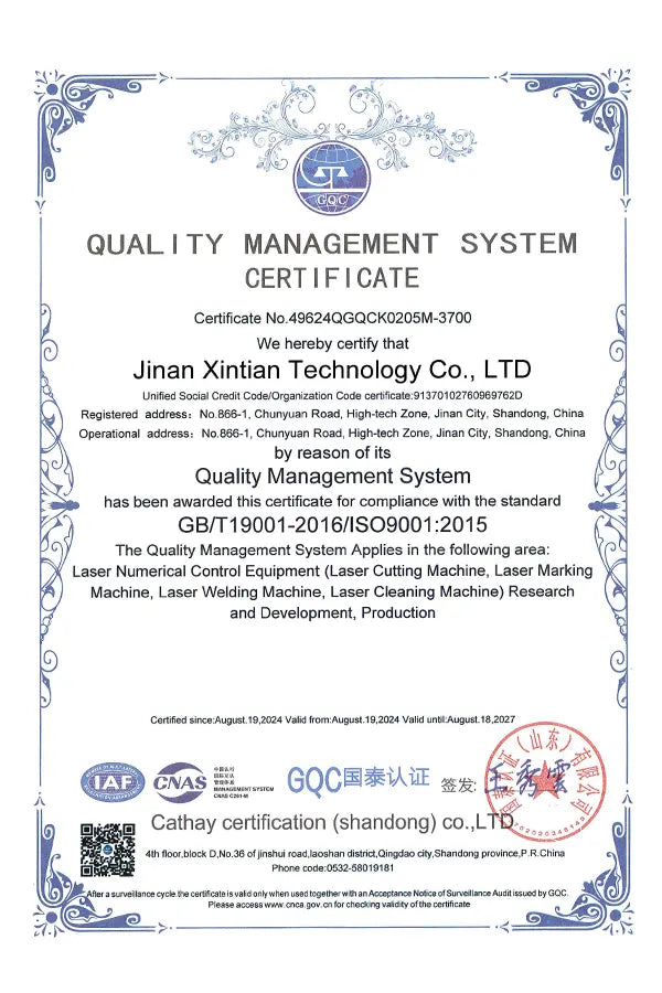 XT LASER certificate