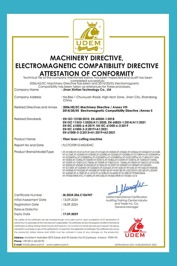 XT LASER certificate