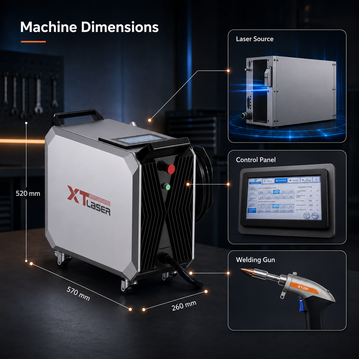XT LASER air-cooled handheld laser welder machine dimensions and details